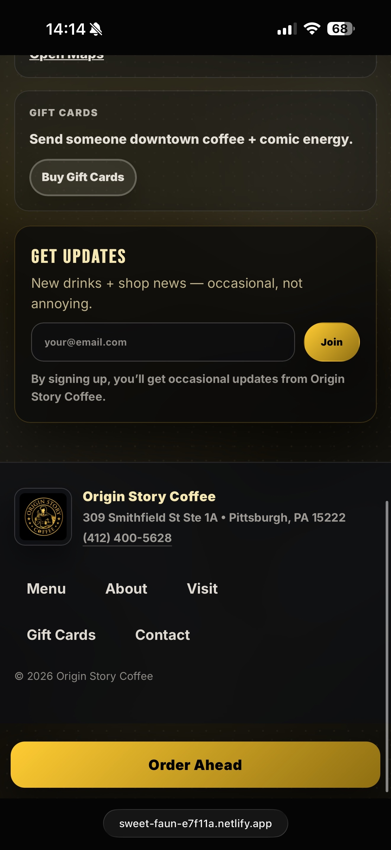 Mobile Origin Story Coffee updates and footer layout